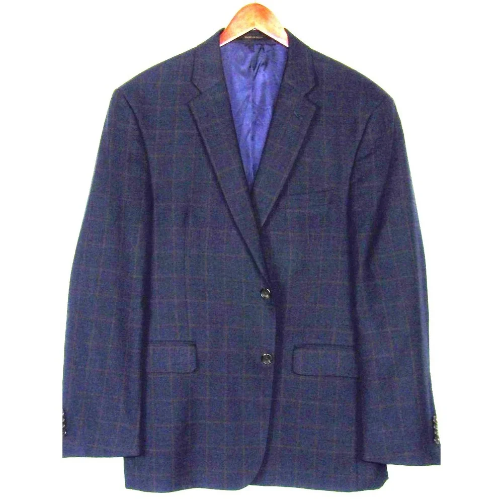 Jos. A. Bank RESERVE 2 Button Navy Blue Plaid Silk/Wool Blazer Men's 44R